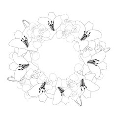 Lily and Iris Flower Wreath Outline