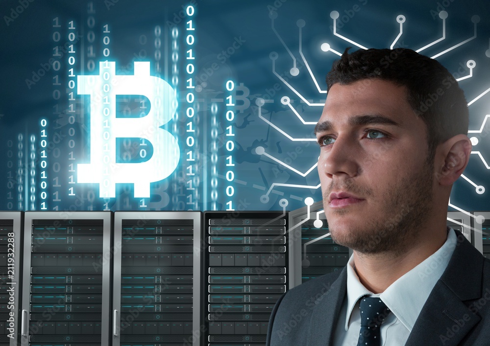 Poster man with computer servers and bitcoin technology information