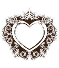 Vintage baroque frame heart shape card Vector. Detailed rich ornament illustration graphic line arts