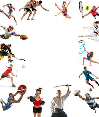 Sport collage about kickboxing, soccer, american football, basketball, ice hockey, badminton, taekwondo, tennis, rugby