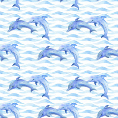 Fototapeta premium Delfin akwarela rastrowy wzór.