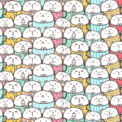 Cute Bear In The Cup Pattern Background. Vector Illustration.