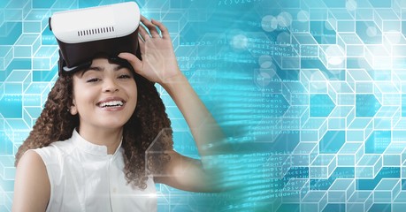 Woman using virtual reality headset with geometric transition