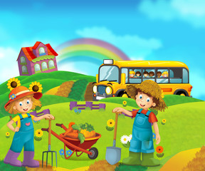 cartoon scene with children on the farm having fun and school bus - illustration for children