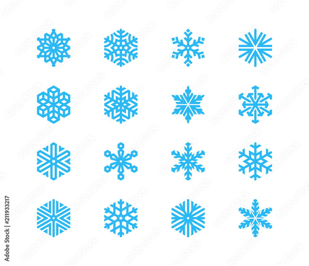 Poster set of snowflakes. 16 vector icons. collection of logos for your design.