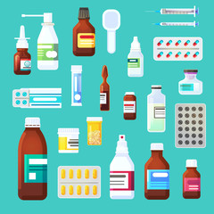 Set of medicine bottles with pills. drugs, tablets, sprays, hospital equipment. flat style vector illustration
