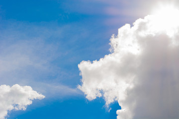 Blue sky with white fluffy clouds and sun. Background.