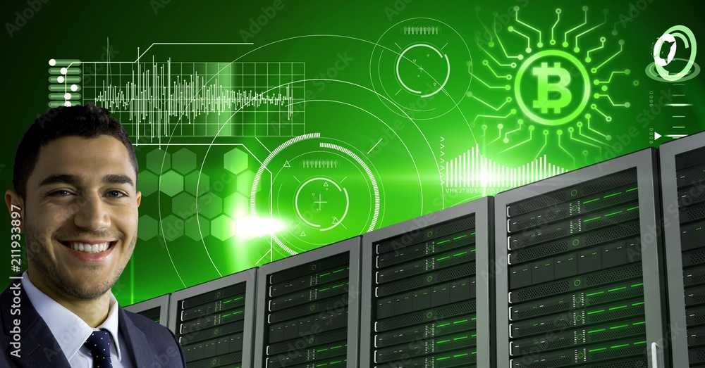 Poster man with computer servers and bitcoin technology information