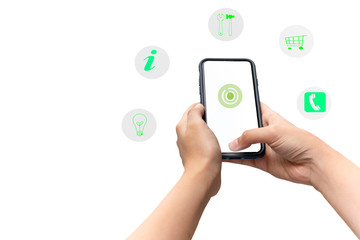 Conceptual hand using cell phone with digital icon isolated