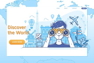 Creative website template of Discover the World.Worldwide traveling, time to travel