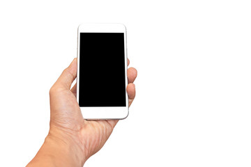 Hand holding cell phone with blank screen  Isolated