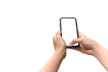 Hand holding cell phone with blank screen  Isolated