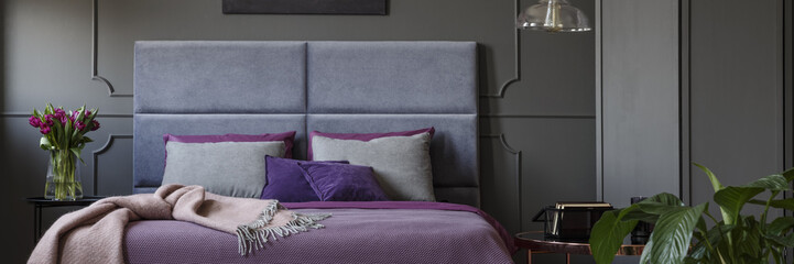 Double bed with soft bedhead, purple bedclothes and grey pillows standing in dark bedroom interior...