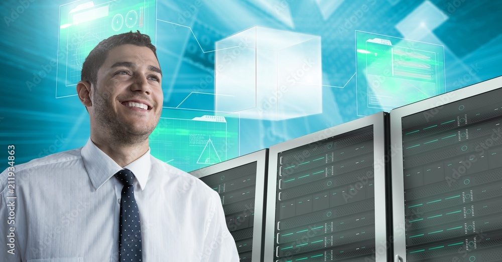 Poster man with computer servers and technology information interface