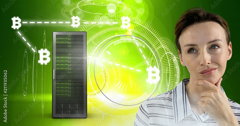 Poster woman with computer server and bitcoin technology information