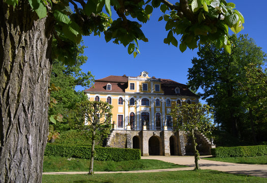 Barockschloss Neschwitz vor strahlend blauem Himmel mit kr&auml;ftigem Baum im Vordergrund