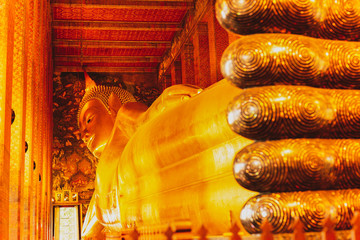 Vintage retro effect image of Temple of reclying buddha at Wat-Pho in Bangkok Thailand