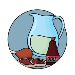 lemonade pitcher with steak meat and bbq sauce over white background, vector illustration