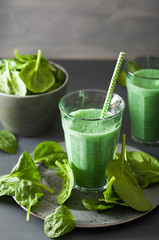 green spinach smoothie with spirulina, chia seed, lime, apple