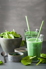 green spinach smoothie with spirulina, chia seed, lime, apple