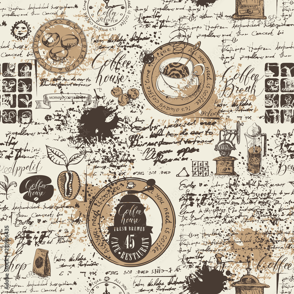 Poster vector seamless pattern on the coffee theme with a various coffee symbols, blots and inscriptions on