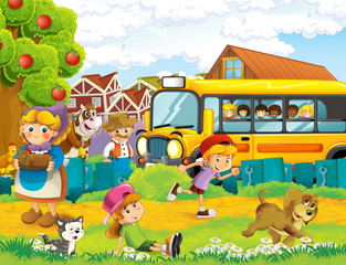 cartoon scene with children on the farm having fun and school bus - illustration for children