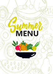 Summer menu cover. Design concept for smoothie bar, veggie cafe, restaurant. Illustration of veggetable and bowl.