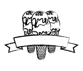 Chocolate ice cream cones and decorative ribbon over white background, vector illustration