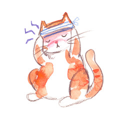 Cute red cartoon cat with headache adjusting a bandage. Illustration painted in watercolor on clean white background