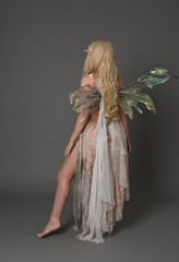 full length portrait blonde girl waring fairy costume, standing pose with back to the camera. grey...