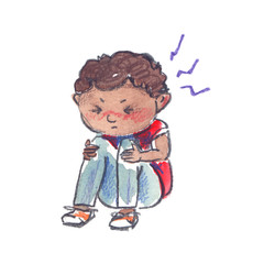 Sick child: small stressed boy with headache. Illustration painted in watercolor on clean white background
