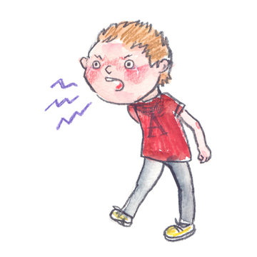 Small angry boy screaming in rage painted in watercolor on clean white background