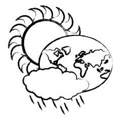 sun and earth planet with rainy cloud icon over white background, vector illustration
