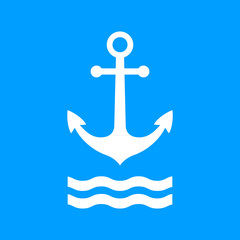 White anchor vector icon on blue background