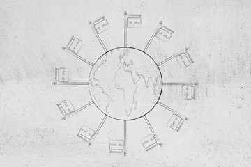 world globe surrounded by house For Sale panels all around it