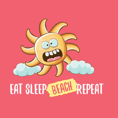 Eat sleep beach repeat vector concept cartoon illustration or summer poster. vector funky sun character with funny slogan for print on tee. summer party fun label or icon on pink background