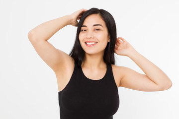 Obraz na płótnie Canvas Woman perfect armpit. Happy Asian japanese girl isolated on white background. Summer template blank t shirt clothes. Copy space. Mock up. Spa and skin care concept. Make up