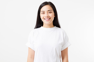 Young asian girl isolated on white background. Copy space. Mock up. Summer woman clothes blank template white t shirt.
