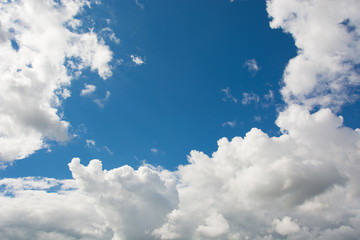 White fluffy clouds and sky, background.