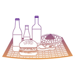 Picnic tablecloth with hamburger and food over white background, vector illustration
