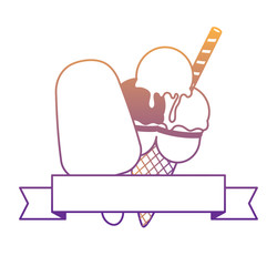emblem with ice creams and decorative ribbon over white background, vector illustration