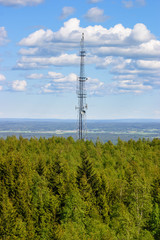 Obraz premium Communication mast in a forest and landscape view