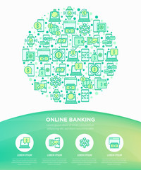 Online banking concept in circle with thin line icons: deposit app, money safety, internet bank, contactless payment, credit card, online transaction. Modern vector illustration, print media template.