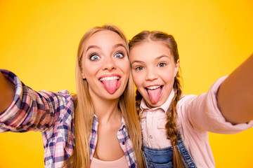 Taking instagram selfie! Close up photo portrait of comic funky rejoicing joking delightful...