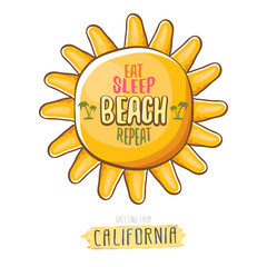 Eat sleep beach repeat vector cartoon concept illustration or summer poster. vector funky cartoon sun label with funny summer slogan for print on tee. Greeting card from California coast or beach
