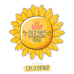 Eat sleep beach repeat vector cartoon concept illustration or summer poster. vector funky cartoon sun label with funny summer slogan for print on tee. Greeting card from California coast or beach