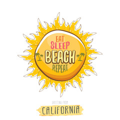 Fototapeta premium Eat sleep beach repeat vector cartoon concept illustration or summer poster. vector funky cartoon sun label with funny summer slogan for print on tee. Greeting card from California coast or beach