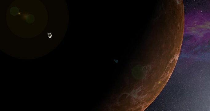Long shot with lens effects and nebulae: the Pioneer spacecraft in orbit around Venus. Reversible, can be rotated 180 degrees. Elements of this image furnished by NASA.