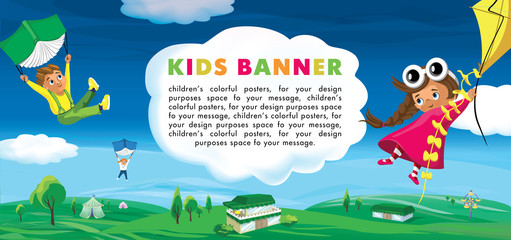 Children's banner. Children's camp, a flight to new adventures, funny vector cartoon, ready for your message. Vector illustration.