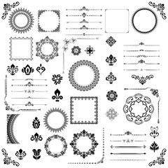 Vintage set of horizontal, square and round elements. Different elements for decoration design, frames, cards, menus, backgrounds and monograms. Classic black and white patterns. Set of vintage